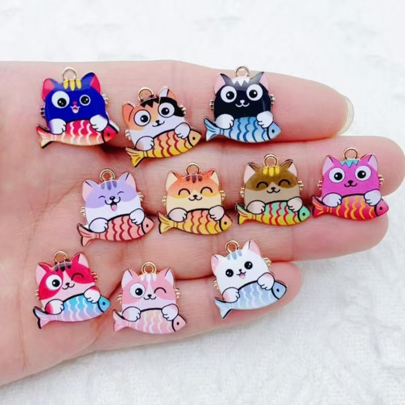 Phone Accessories Usa - 10個入り クロスボーダー風 カートゥーン キュート 合金製 猫が魚を食べる